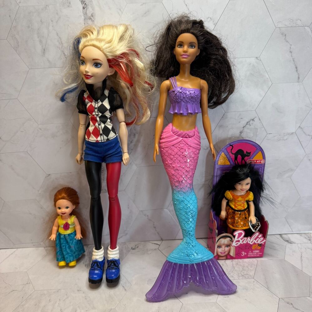 Mixed Lot of 4 Dolls Played With Mattel Barbie Harley Quinn Dreamtopia Mermaid